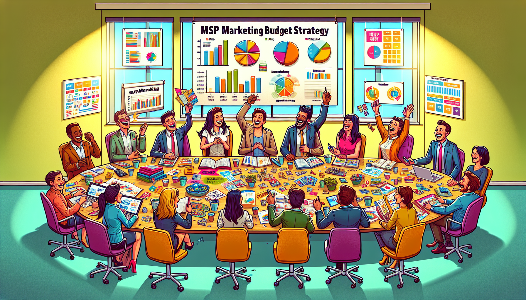 An illustration showing a diverse group of professionals discussing marketing strategies and budgets.